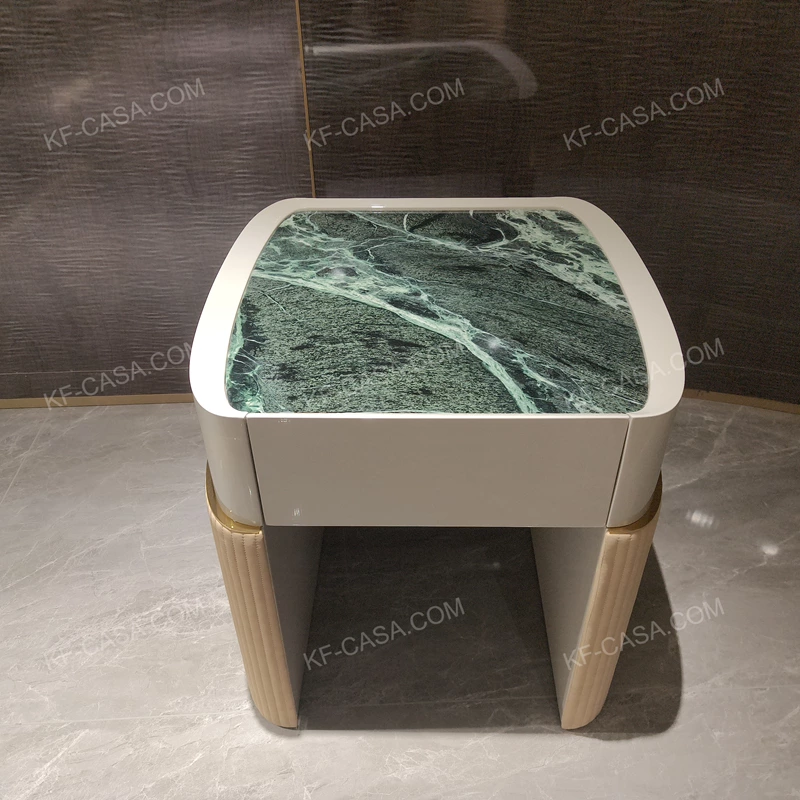 Modern Luxury SideTable with Green Marble Top & Quilted Leather Legs